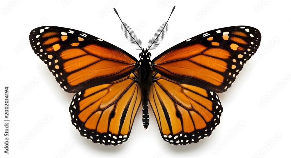 Obraz premium Single Monarch Butterfly with Open Wings Top View Isolated on White Background - Danaus Plexippus Species for Nature, Biology, and Transformation Concept