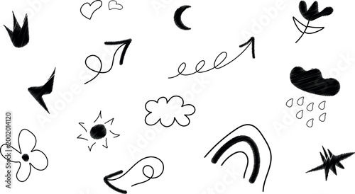 Chalkboard style childish doodles collection with rainbow clouds rain crown and arrows.