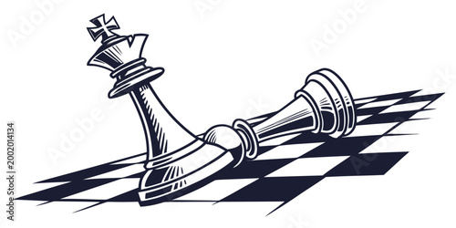Tableau sur toile Fallen king chess piece on checkered board with strategy checkmate competition l