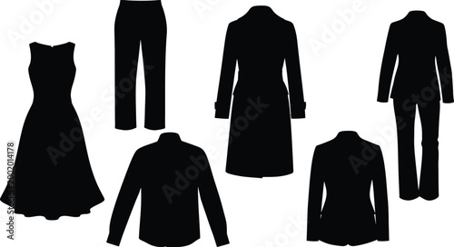 Women's and men's winter fashion and business apparel silhouette set, black vector outlines of trench coats, blazers, and formal trousers isolated on white.