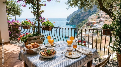 Scenic Breakfast on a Balcony in Positano Breakfast Balcony Positano Coastline Italy Outdoor Dining Scenic View. Concept featuring breakfast, balcony, positano, coastline, italy for professional co...
