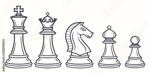 Chess pieces arrangement featuring king queen knight bishop and pawn strategy competition intellect challenge leadership thinking minimalist collection boardgame isolated illustration