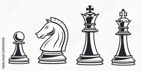 Chess pieces set including pawn knight queen and king with strategy competition intellect challenge leadership thinking minimalist collection boardgame isolated illustration checkmate