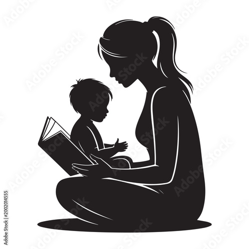 Mother reading book to child silhouette vector illustration of woman and baby sitting together isolated on transparent background education.