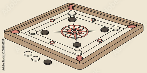 Carrom board game with wooden frame and pieces recreation competition strategy traditional activity entertainment challenge precision illustration gameplay tournament equipment