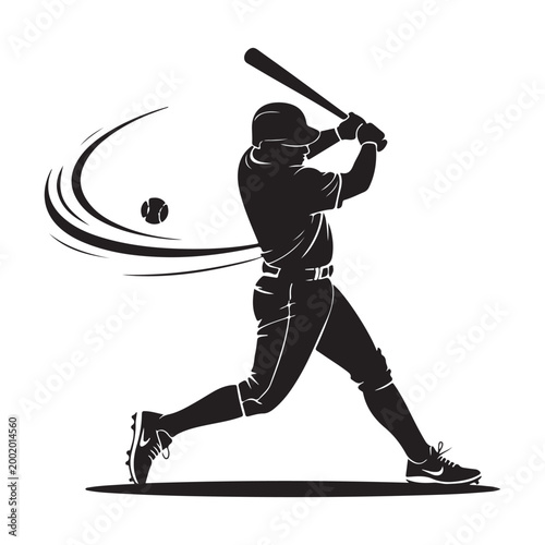 Professional baseball player silhouette swinging bat hitting ball isolated on transparent background vector illustration for sports action concept.