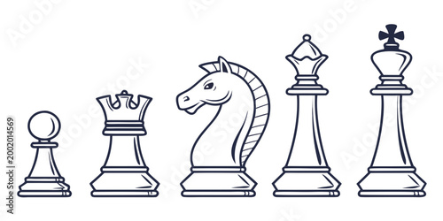 Chess game pieces pawn rook knight queen and king line art with strategy competition intellect challenge leadership thinking minimalist collection boardgame isolated illustration checkmate