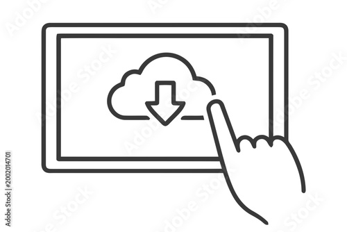 Cloud Download Icon on Tablet Screen with Finger Touch