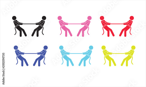Colorful stick figures tug of war a visual representation of competition and teamwork