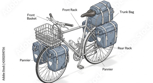 Fully loaded touring bicycle with panniers and trunk bag.