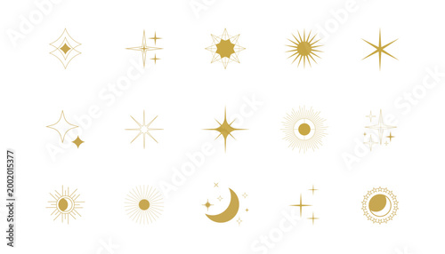 Celestial Gold Sparkle and Star Elements Set, Minimalist Boho Sun and Moon Vector Icons