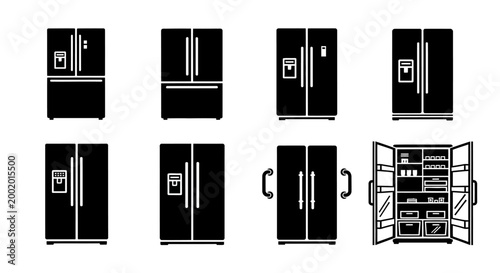 Modern Refrigerator Icons: Collection of Black and White Appliance Silhouettes