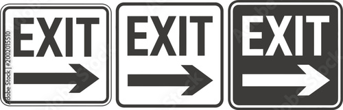 Exit signs icon set, minimalist right arrow emergency exit symbols on white background for safety navigation wayfinding and building signage design.
