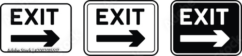 Exit signs icon set, right pointing arrow symbols on white background representing emergency exit direction safety signage and navigation guidance.
