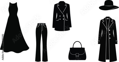 Women's high fashion apparel and accessories silhouette set, black vector icons of evening gown, blazer, long coat, handbag, and hat isolated on white.