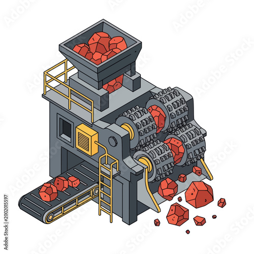 Industrial machine processing red rocks.