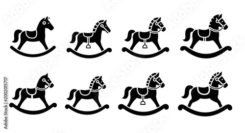 Set of Black Rocking Horse Silhouettes on White Background