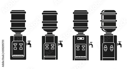 Set of black water cooler icons with different designs and faucets on a white background.