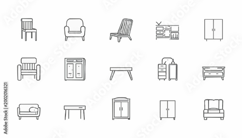 Minimalist Line Art Furniture Icons Set – Modern Home Design Symbols Vector