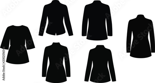 Women's professional blazer and fitted jacket silhouette set, collection of six black vector outlines for formal office wear and business attire isolated on white.