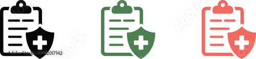 Medical shield clipboard icons set, healthcare documents with protection symbols representing patient data security medical records and compliance verification.