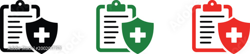 Medical shield clipboard icons set, healthcare document illustrations with shield symbols for data protection medical safety and secure record management design.