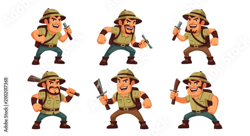 Slika na platnu Cartoon adventurer posing with weapons in various action stances