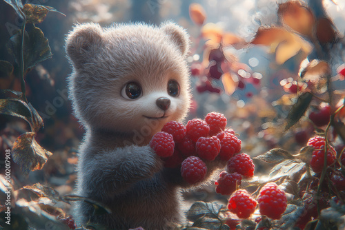 Cute fluffy teddy bear holding fresh red raspberries in summer forest