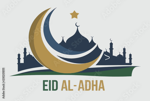 Eid Al-Adha Celebration Banner with Mosque Silhouette and Golden Crescent Moon