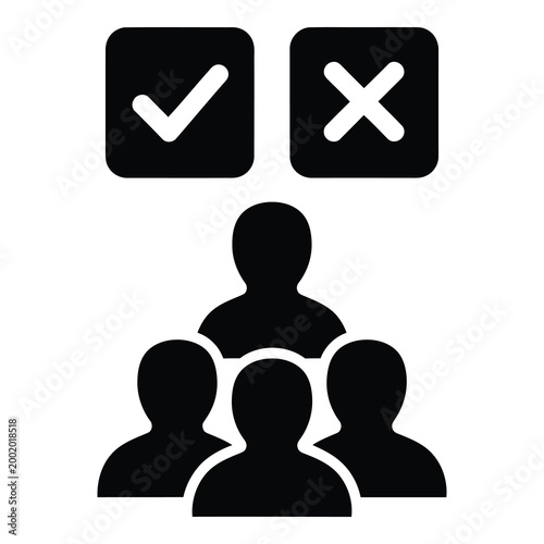 Black and white icon of people with check and cross symbols above them for approve or reject icon
