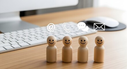 Customer Service Feedback and Online Communication Concept with Wooden Figures, Contact Icons and Social Media Messaging
