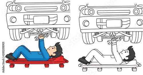 Auto mechanic repairing car underneath on a creeper holding a wrench. Colored vector illustration and black and white line art coloring book page version.