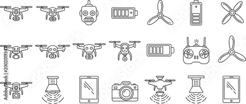 Drone icon set, quadcopter UAV technology vector collection, remote control aerial devices, propeller battery symbols isolated on white background