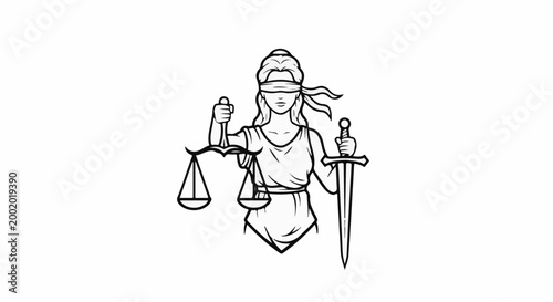 Lady Justice blindfolded, holding scales and sword