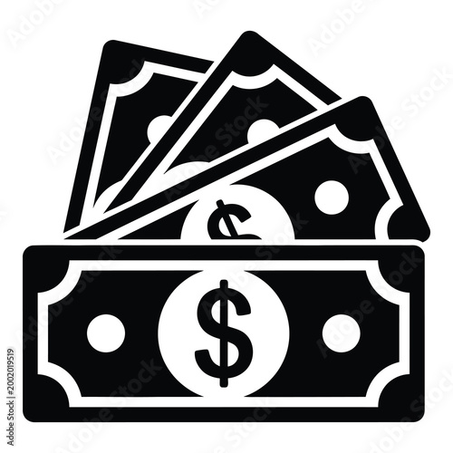 Black and white illustration of money bills in a wallet  cash and finance symbol icon