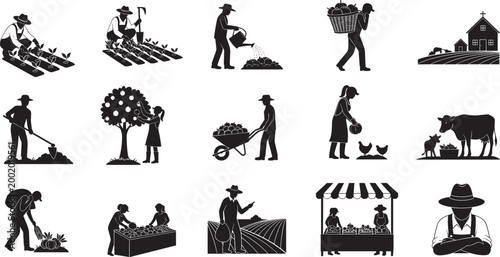 Farmer agriculture silhouette set with planting, harvesting, livestock, market, rural life scenes, black silhouette vector collection for farming concept design