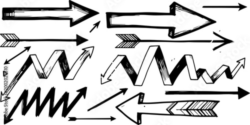 Grunge style bold arrows set featuring straight and zigzag shapes. Hand drawn ink brush arrows with abstract geometric lines and folded directional elements. Vector design
