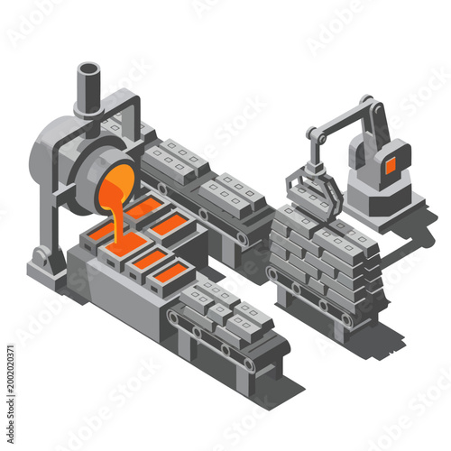 Isometric View of Metal Casting Process with Robotic Arm.