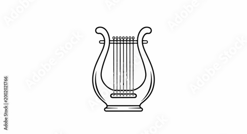 A black and white line drawing of a lyre musical instrument