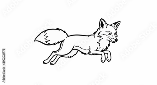 A black and white line drawing of a fox running