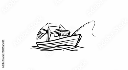 A black and white line drawing of a fishing boat with a net and fishing pole