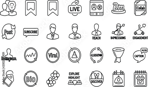 Black line icon set for social media marketing and digital engagement featuring engagement and profile symbols