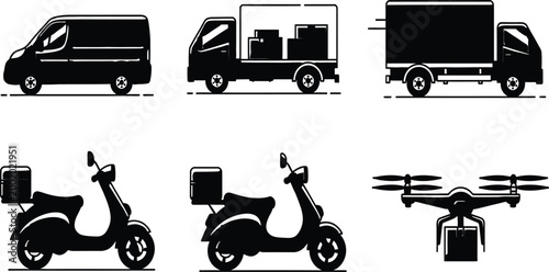 Black silhouette set of delivery vehicles featuring a van cargo trucks scooter and drone for logistics and shipping designs