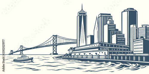 Bridge and downtown waterfront skyline sketch with waterfront buildings architecture illustration downtown metropolis landscape panorama business district structures skyscrapers silhouette
