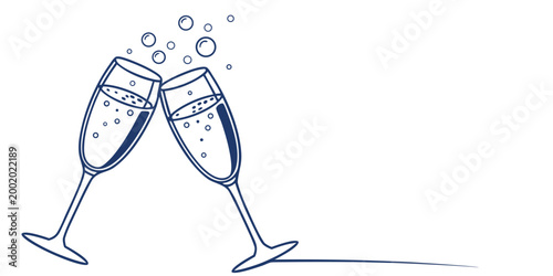 Two champagne flutes clinking together for a celebratory toast with champagne celebration sparkling clinking beverage anniversary illustration minimalist restaurant reception gathering