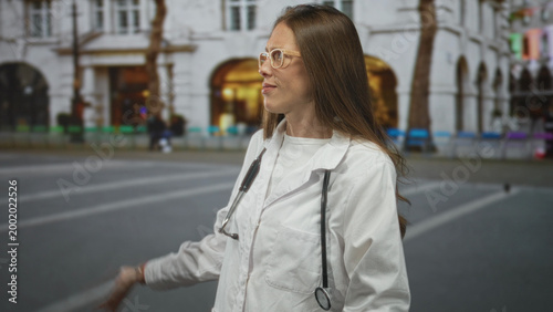 Bild auf Leinwand Woman doctor in white lab coat with stethoscope and glasses points finger to side on city street in front of building; skepticism