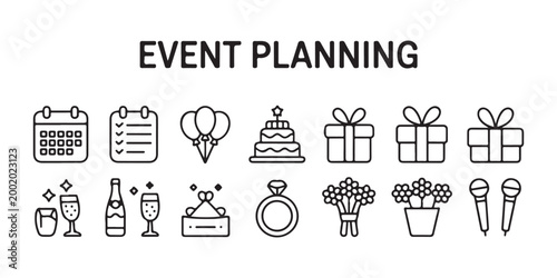 Event Planning Icons: Calendar, Checklist, Gifts, Cake, Balloons, Champagne, Ring, Flowers