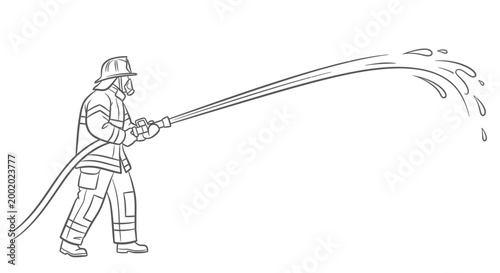 Line Art Drawing of Firefighter Holding Hose and Spraying Water, isolated white background