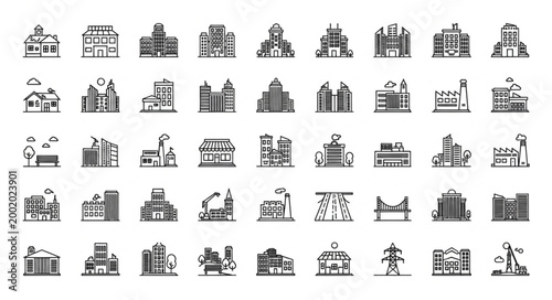 Collection of diverse building icons representing architecture and urban design.