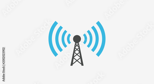 A vector illustration of a satellite dish antenna and wind turbine on a blue background representing a wireless technology network symbol for internet communication and broadcast signals